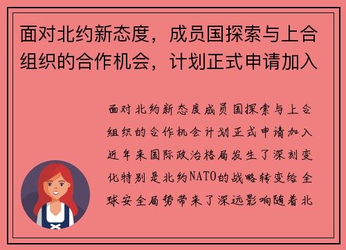 面对北约新态度，成员国探索与上合组织的合作机会，计划正式申请加入