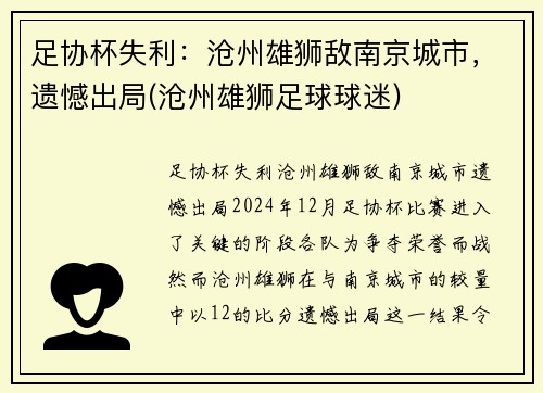 足协杯失利：沧州雄狮敌南京城市，遗憾出局(沧州雄狮足球球迷)