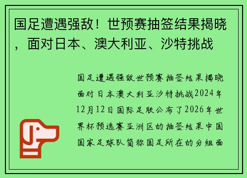 国足遭遇强敌！世预赛抽签结果揭晓，面对日本、澳大利亚、沙特挑战